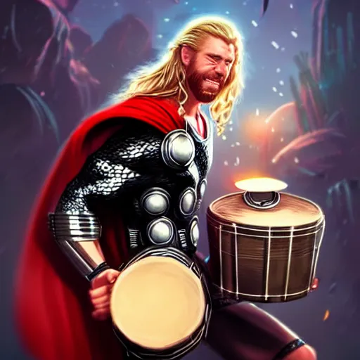 Image similar to thor playing the bongos, comic style by guweiz and stanley artgerm, extremely high quality artwork, very detailed, trending on artstation