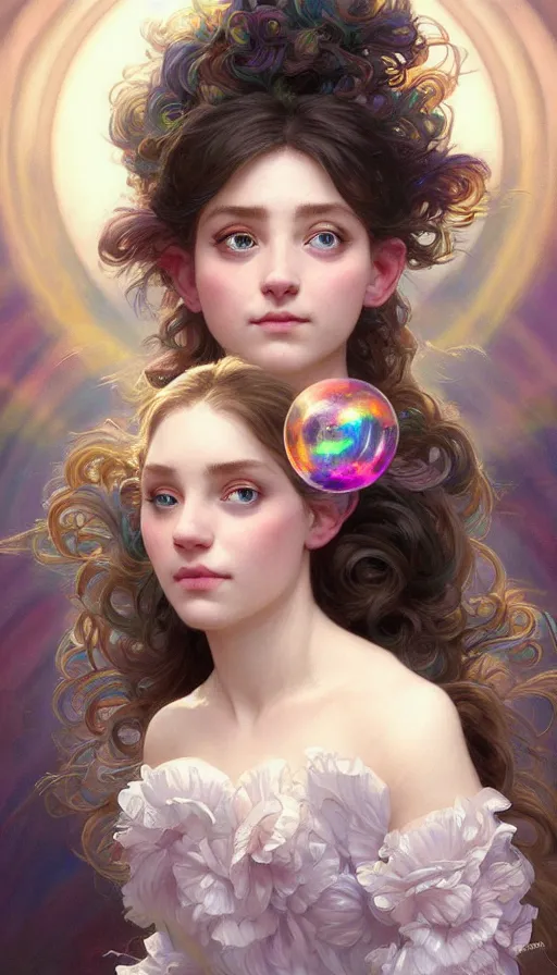 Image similar to portrait of a troll, dreamy and ethereal, (colour) eyes, peaceful expression, ornate frilly dress, fantasy, intricate, elegant, rainbow bubbles, highly detailed, digital painting, artstation, concept art, smooth, sharp focus, illustration, art by artgerm and greg rutkowski and alphonse mucha