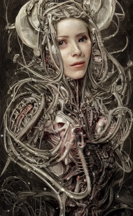 Image similar to Belle Delphine is a bio mechanical cyborg post human, physically accurate, very dramatic dynamic lighting, intricate, very very elegant, highly detailed, digital painting, artstation, very hyperrealistic, very very very HR GIGER, very beautiful, Hieronymus Bosch, Francis Bacon, concept art, smooth, sharp focus, illustration, art by artgerm and greg rutkowski and alphonse mucha