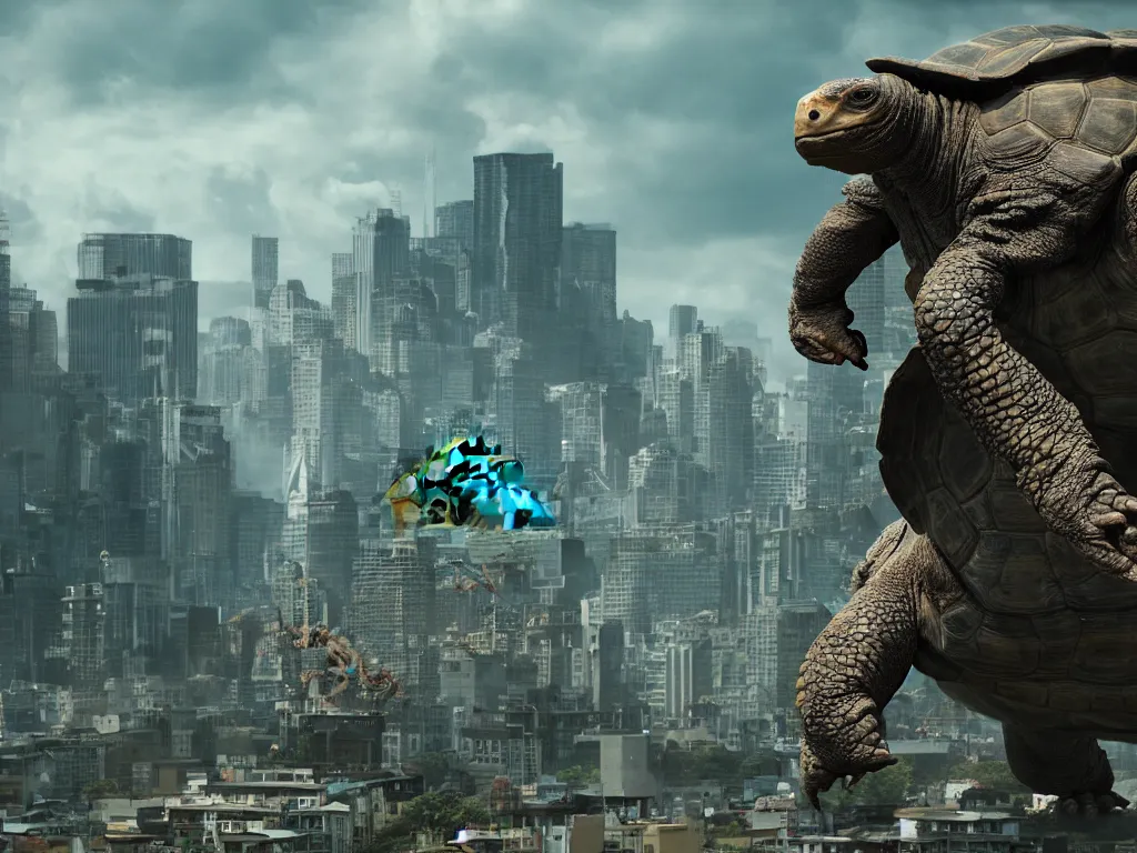 Image similar to Giant Tortoise Kaiju towering over a city as people run away, photo realistic, movie still, 4k, 8k, action film