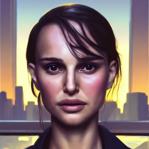 Prompt: closeup portrait of natalie portman from the movie leon the professional, matilda, hitman, city background, dramatic light, gorgeous view, depth, high detail, digital art, painted by greg rutkowski and seb mckinnon, by tim burton, trending on artstation