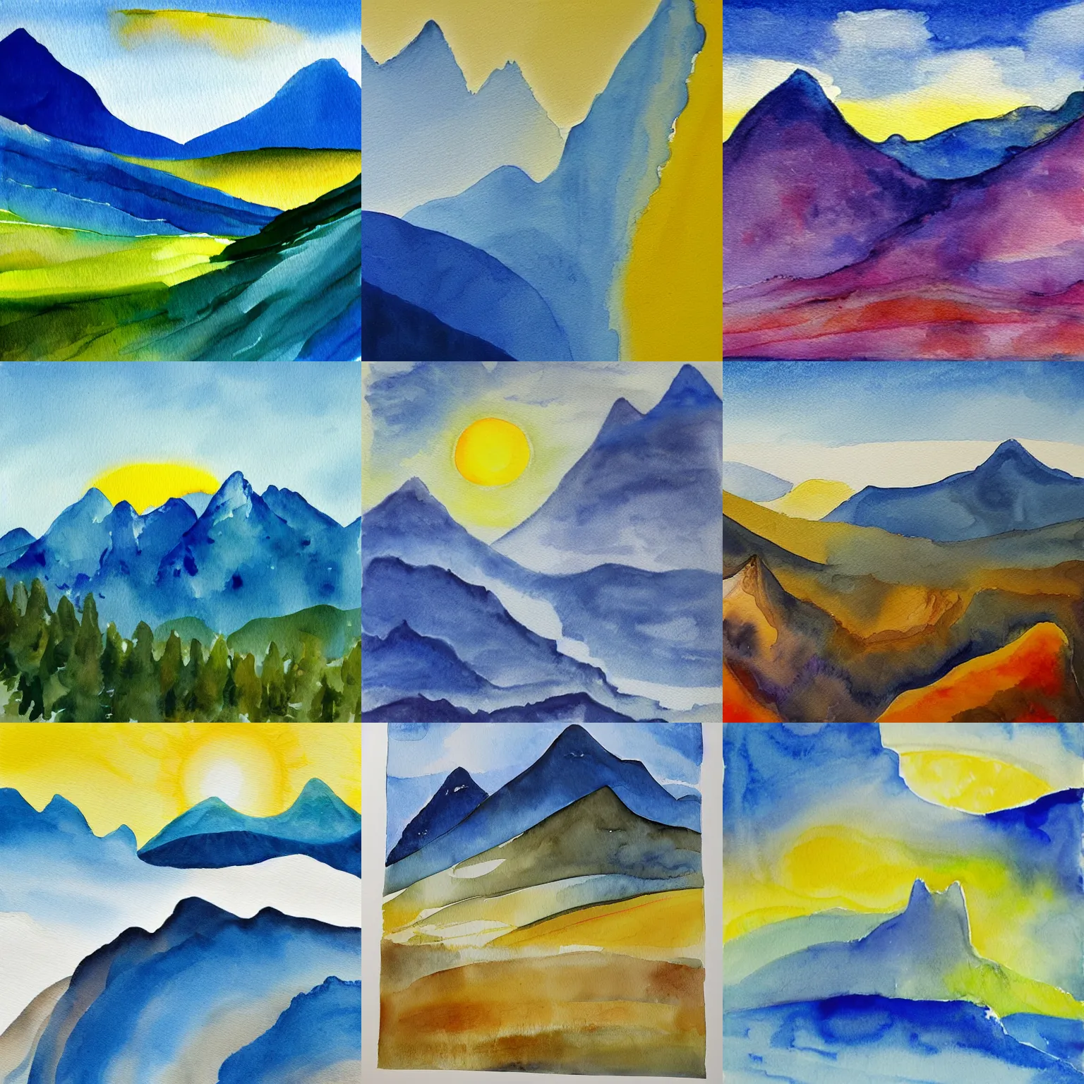 Prompt: painting of layered blue mountains with a white background, a bright yellow sun. light elements of water color