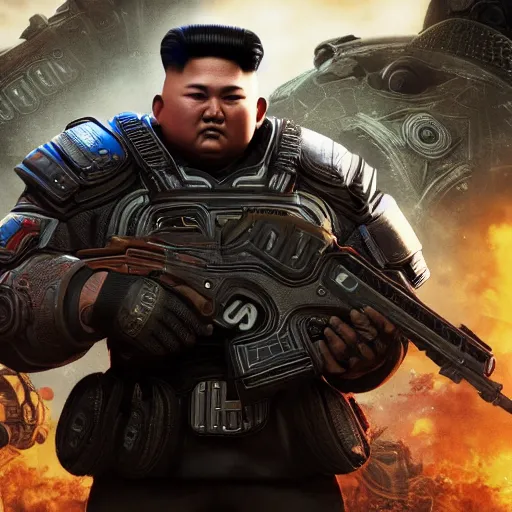 Image similar to kim - jong un in gears of war, splash art, movie still, detailed face, cinematic lighting, dramatic, octane render, long lens, shallow depth of field, bokeh, anamorphic lens flare, 8 k, hyper detailed, 3 5 mm film grain