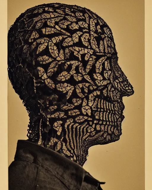 Image similar to a man's face in profile, wearing a collared shirt, made of intricate decorative lace leaf skeleton, in the style of the dutch masters and gregory crewdson, dark and moody