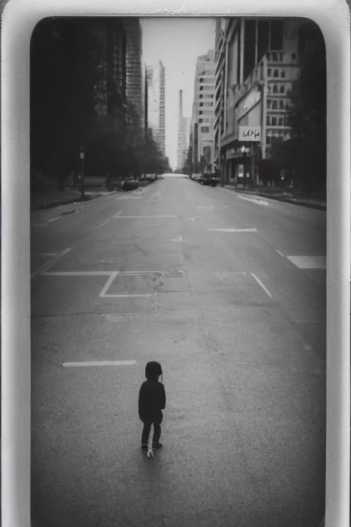 Image similar to polaroid photo of sad and lonely child in the middle of an empty street in a big city, wet collodion technique, photorealistic, 35mm film, lens 85mm, f2.8, black and white, polaroid, view camera.