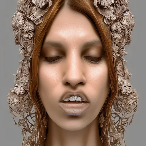 Image similar to beatifull face portrait of a woman, 150 mm, anatomical, flesh, flowers, mandelbrot fractal, facial muscles, veins, arteries, intricate, golden ratio, full frame, microscopic, elegant, highly detailed, ornate, ornament, sculpture, elegant , luxury, beautifully lit, ray trace, unreal, 3d, PBR, in the style of peter Gric , alex grey and Romero Ressendi