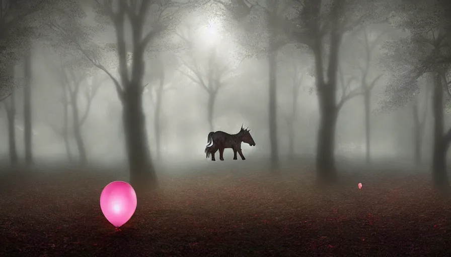 Image similar to A unicorn made out of balloons floats lonely through a dark foggy Forest, Digital Art, Photorealism, Hyper Realistic, Hyperdetailed, Movie Screenshot, iMAX Quality