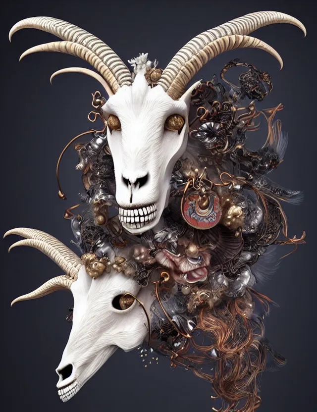 Image similar to 3 d goddess goat skull half - turn portrait with long hair with ram skull. beautiful intricately detailed japanese crow kitsune mask and clasical japanese kimono. betta fish, jellyfish phoenix, bio luminescent, plasma, ice, water, wind, creature, artwork by tooth wu and wlop and beeple and greg rutkowski