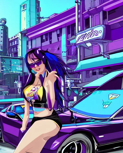 Image similar to cel shaded art of a pretty blue haired girl standing next to a purple lamborghinil, jet grind radio graphics, cyberpunk city street background