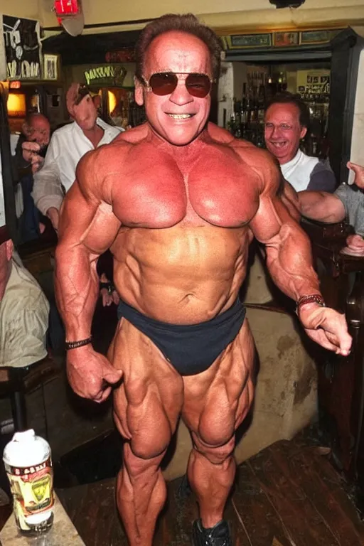Image similar to danny devito with a buff arnold schwarzenegger body flexing in paddy's pub
