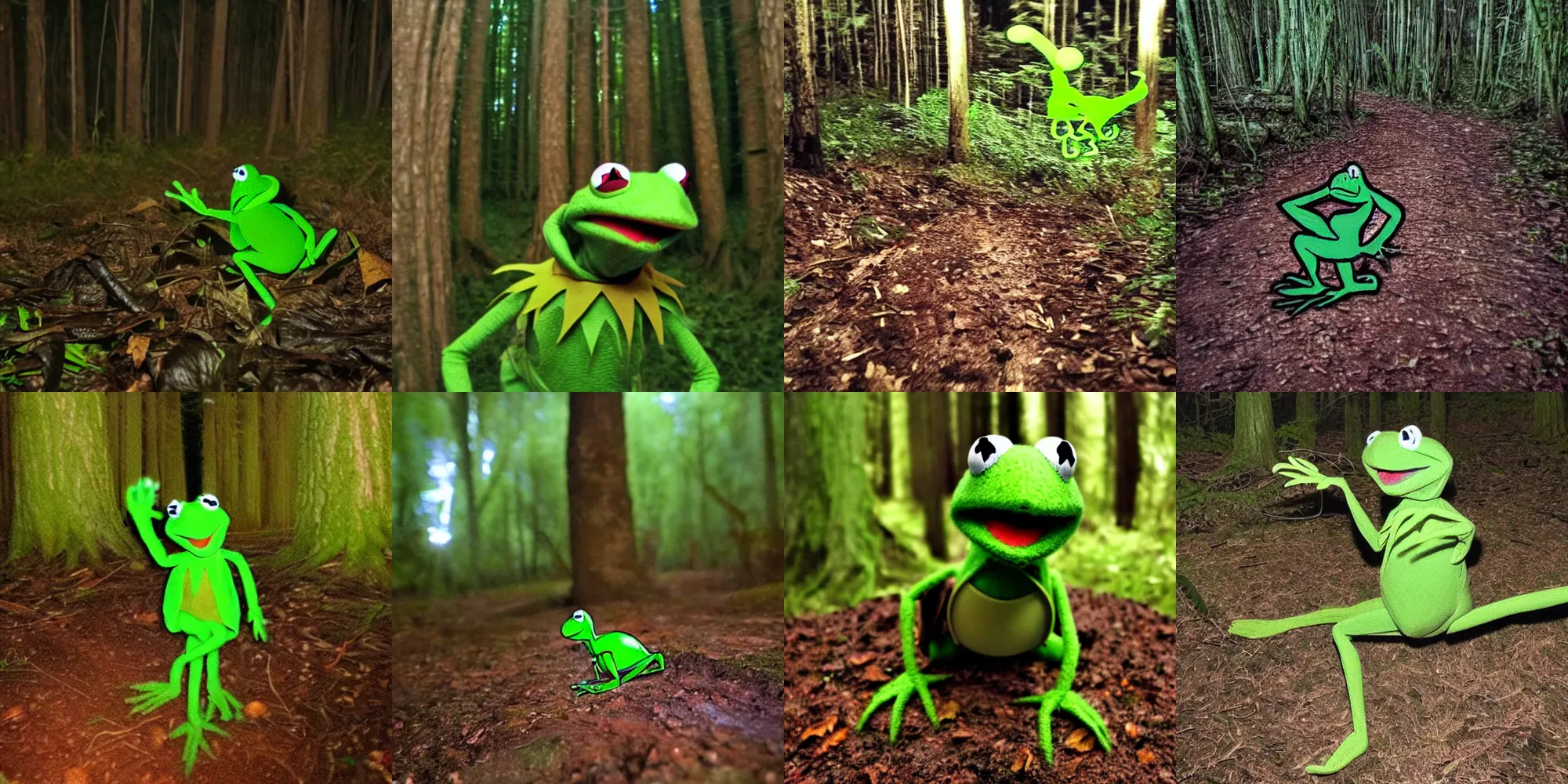 Prompt: trail camera photo of a moving kermit the frog at night in the forest. obscurity. darkness!!!. flash light. red eyes. motion blur. dim.