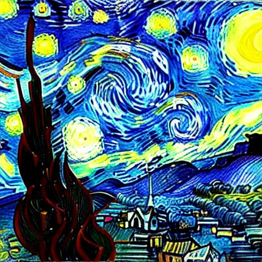 Image similar to a painting of a starry night over a martian cooling by vincent van gogh, featured on pixiv, futurism, sci - fi, post - impressionism, impressionism, painterly, detailed painting