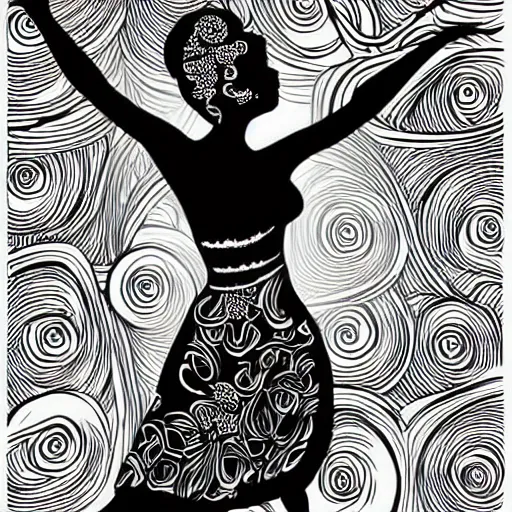 Image similar to a highly detailed vector illustration of a beautiful woman dancing with complex shading isolated on a black background