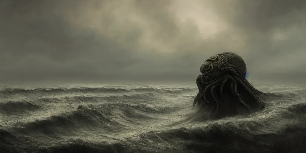 Image similar to cthulhu rising out of the ocean, hyper realistic oil painting, dark, moody cinematic lighting, creepy, fog, storm clouds, by greg rutkowski, trending on artstation