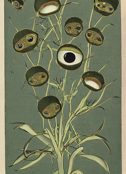Prompt: scientific botanical illustration of a green plant with eyeballs instead of flowers, Ukiyo-e