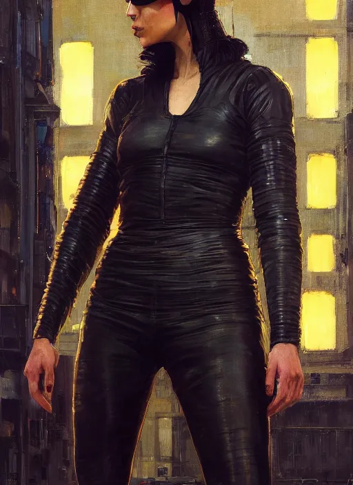 Prompt: selina kyle teaching self defense. cyberpunk mercenary in a cyberpunk jumpsuit ( blade runner 2 0 4 9, cyberpunk 2 0 7 7 ). orientalist portrait by john william waterhouse and james gurney and theodore ralli and nasreddine dinet, oil on canvas. cinematic, hyper realism, realistic proportions, dramatic lighting, high detail 4 k