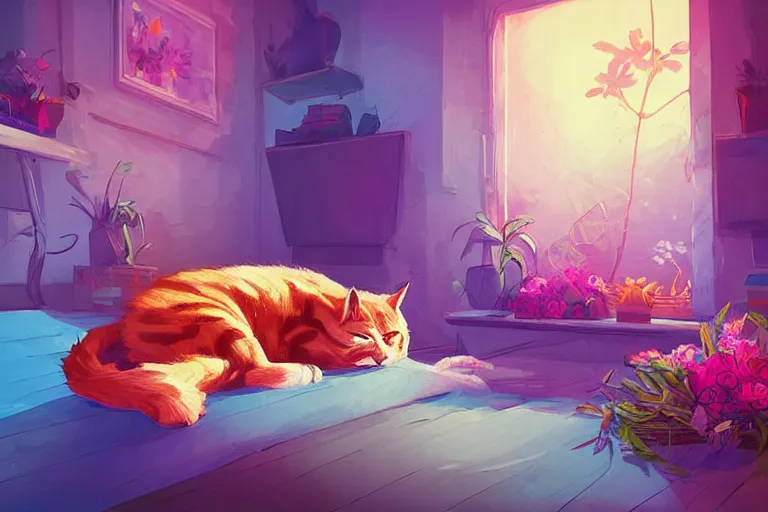 Image similar to a digital art of a cat sleeping in the room with flowers around in the afternoon, the sun shines in, animal, light effect, highly detailed, by anton fadeev