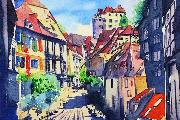 Image similar to !! watercolor!! luxemburg in a sunny day, artwork by tooth wu, colorful contrast,!!!! very coherent!!!!, dark shadow, thick lineart