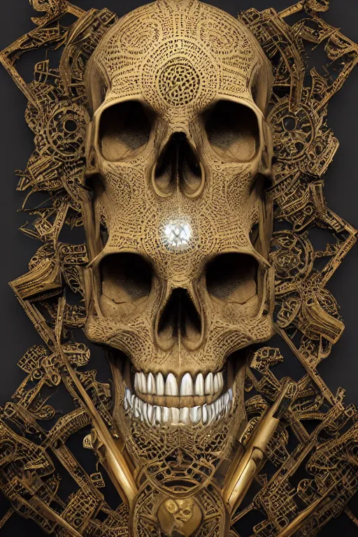 Image similar to hyperrealistic 3 d render skull, the skull is decorated with art deco gears patterns, hyperrealistic, volumetric lighting, ultra detailed, elegant, octane render, blue and gold, 8 k, trending on artstation, unreal engine