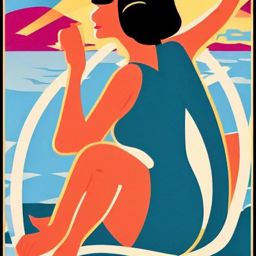 Image similar to a painting of a woman in a bathing suit sitting on a boat, an art deco painting by tom whalen, trending on behance, art deco, digital illustration, storybook illustration, art deco