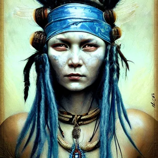 Image similar to A young blindfolded shaman woman with a decorated headband, in the style of heilung, blue hair dreadlocks and wood on her head., made by karol bak