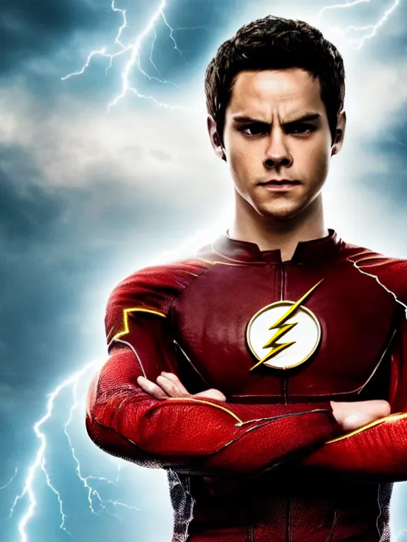 Image similar to portrait, dylan o'brien as the flash, lightning!!!, hyperrealism, moody lighting, intricate, 8 k