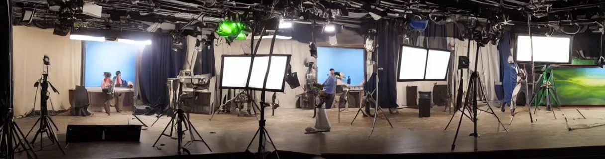 Image similar to photo of a movie set with a single big green screen actors acting, studio, movie set, realistic, studio lighting