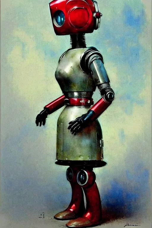 Image similar to adventurer ( ( ( ( ( 1 9 5 0 s retro future android robot maid. muted colors. ) ) ) ) ) by jean baptiste monge!!!!!!!!!!!!!!!!!!!!!!!!! chrome red