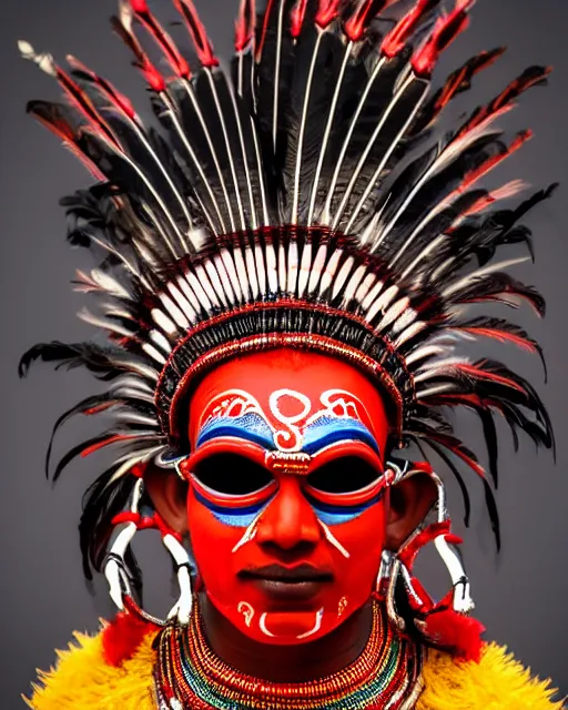 Prompt: photo of a Dramatic Theyyam male dancer with red indian headgear painted face wearing futuristic goggles and futuristic robot suit with traditional theyyam costume in the style of stefan kostic, full body, feather native american headgear, realistic, sharp focus, symmetric, 8k high definition, insanely detailed, intricate, elegant, art by stanley lau and artgerm, Hajime Sorayama, William-Adolphe Bouguereau