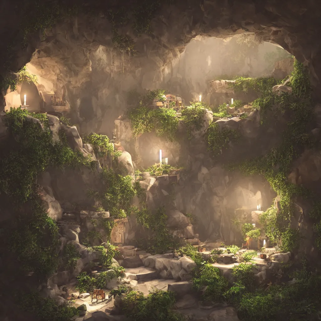 Image similar to secret overwatch common area carved inside a cave, multiple bedrooms, sheltered, magical, natural light, planters, central tree, candle light, cinematic lighting, clean lines, cozy, fantasy, minimalist architecture, sharp focus, concept art, octane render 8 k