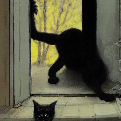 Image similar to a giant black cat with yellow eyes looking through a window at a sleeping blonde girl, detailed, Greg Rutkowski