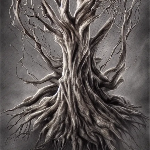 Image similar to a dramatic twisted screaming tree with the face of a human, haunting art, brian froud style, 8 k, trending on artstation