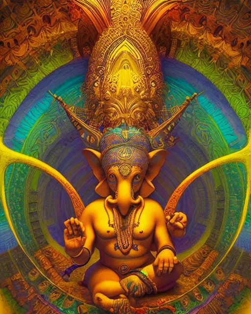 Image similar to psychedelic ganesh of the cosmos, mandelbulb, mandala, coherent design, symmetrical, concept art, vivid color, complementary color, golden ratio, detailed, sharp lines, intricate, rainbowshift, by maxfield parrish, by peter mohrbacher, by gustave dore, by alphonse mucha, deviantart, octane render