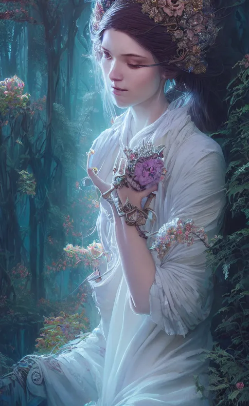 Image similar to highly detailed portrait of beautiful ethereal woman in ornate clothing, stephen bliss, unreal engine, fantasy art by greg rutkowski, loish, rhads, ferdinand knab, makoto shinkai and lois van baarle, ilya kuvshinov, rossdraws, tom bagshaw, global illumination, radiant light, detailed and intricate environment