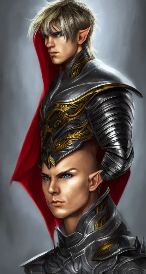 Image similar to A medium shot portrait of a male elf, he is about 20 years old, attractive, lean but muscular, serious composure, short silver hair, prideful look, he is wearing black heavy armor with gold plating and a red cape, highly detailed portrait, digital painting, ArtStation, concept art, smooth, sharp focus illustration, ArtStation HQ