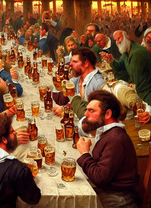 Prompt: large octoberfest invite card, man drinking beer, angry, beer glasses, delicious hot dogs on the table, photoshoot, 4 k, hyper realistic, natural, highly detailed, digital illustration, trending in artstation, classical painting, smooth, sharp focus art by ilya repin