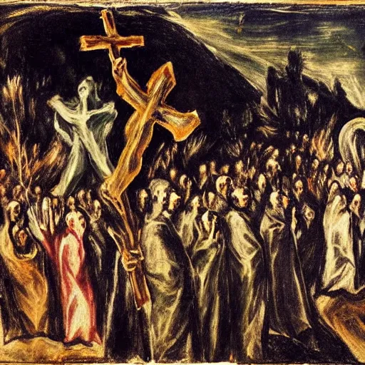 Prompt: A Holy Week procession of souls in a Spanish landscape at night. A figure at the front holds a cross. El Greco.