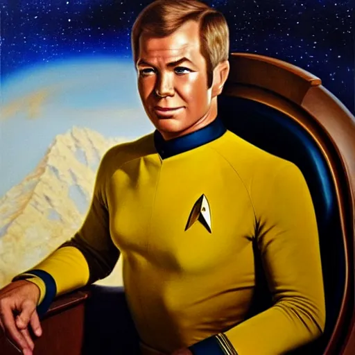 Prompt: oil portrait of captain kirk in his gold uniform on the starship enterprise. star trek. oil painting, highly detailed, centered, artstation, concept art, smooth, sharp focus, illustration, artgerm, vermeer, hans peter mohrbacher, donato giancola, joseph christian leyendecker, drew struzan