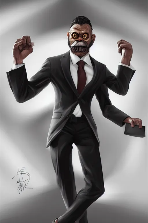 Image similar to portrait of a professional monkey!!!!!!! in a suit, studio lighting, 3 / 4 view, majestic pose, corporate business, trending on artstation, artgerm, cgsociety