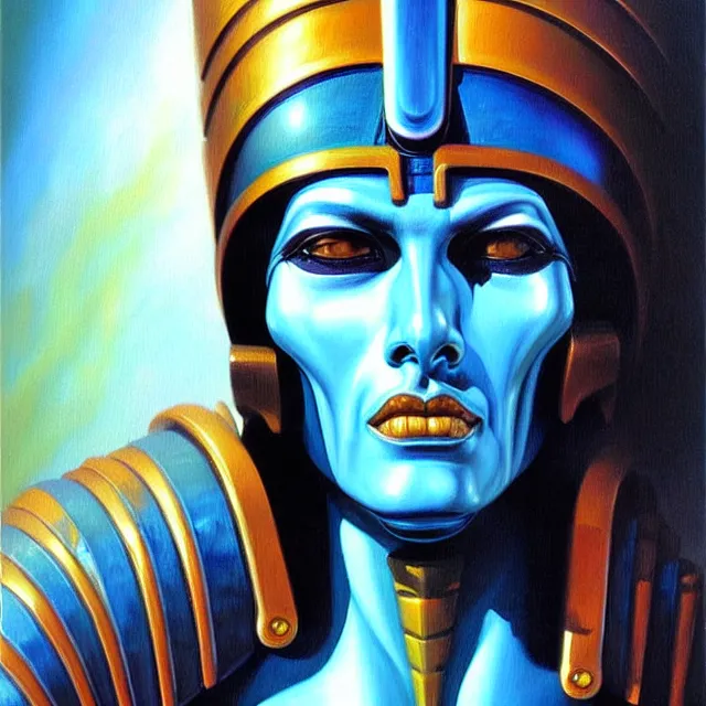 Image similar to a beautiful painting cyberpunk robot king of egypt face, by boris vallejo realistic oil painting