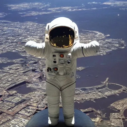 Image similar to a statue of an astronaut on a lunar domed city, earth in the sky