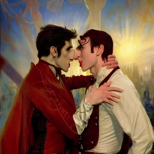 Image similar to attractive male, arthur pendragon confesses his love to attractive male dracula the vampire. highly detailed painting by gaston bussiere, craig mullins, j. c. leyendecker 8 k