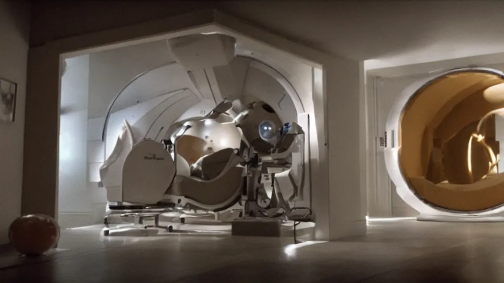 Image similar to an mri image open mri exposed uncovered machine portal in the living room, film still from the movie directed by denis villeneuve with art direction by salvador dali, wide lens