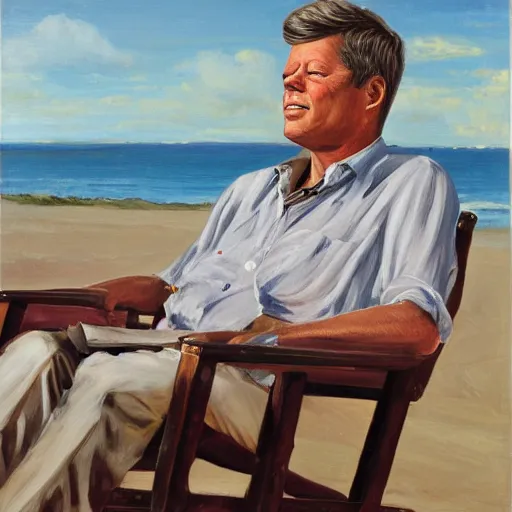 Image similar to portrait of john f kennedy, wrinkled, grey hair sitting on rocking chair, landscape of nantucket beach, dunes, ocean, bluff, handsome, hawaiian shirt, oil on canvas by william sidney mount - 1 9 8 2, trending on artstation