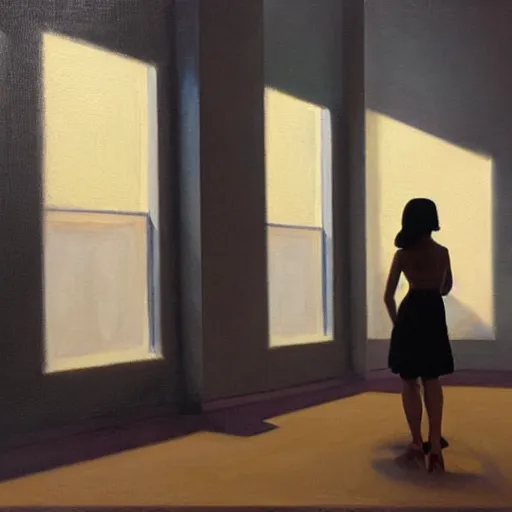 Image similar to a gorgeous woman with a black dress waiting inside a 9 0 s art gallery exhibition, colors americana, cinematic, volumetric lighting, ultra wide angle view, realistic, detailed painting in the style of edward hopper