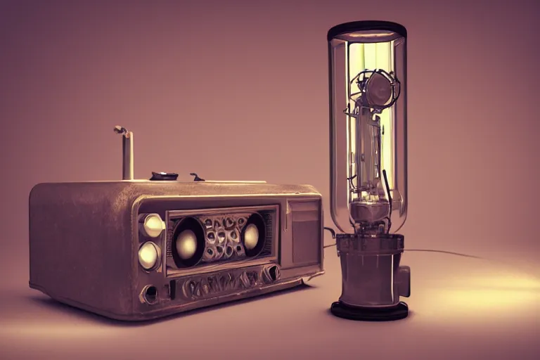 Image similar to Vacuum tube radio by Craig mullins, volumetric light, artstation, , octane render, redshift render, low angle camera