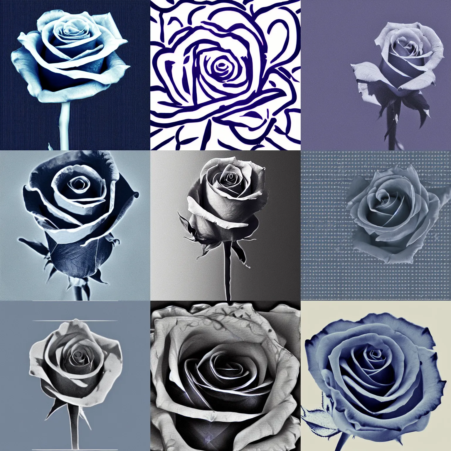 Prompt: single long stem rose super zoomed out, white x-ray silhouette out on dark sapphire blue background, grainy vintage