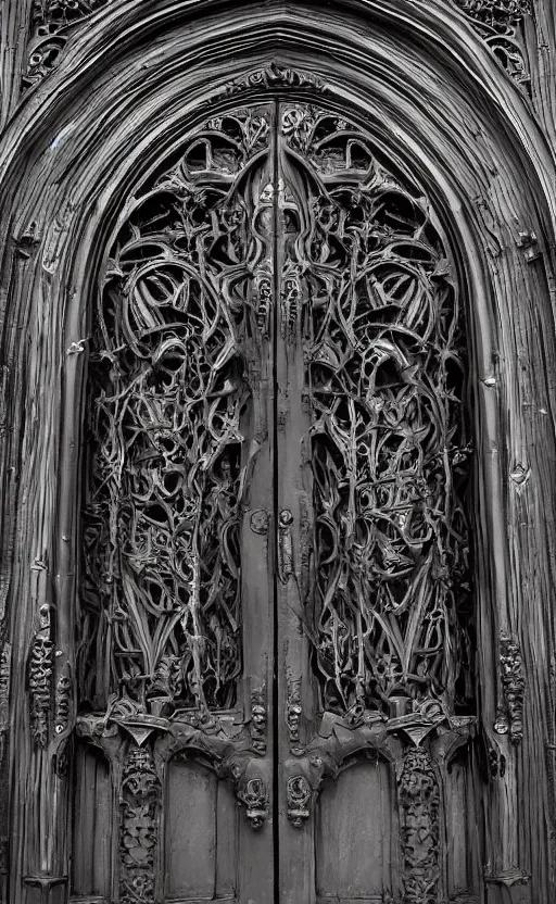 Prompt: portal double doors. big face carved in the center. gothic medieval baroque. black iron. symmetry. epic. ominous shapes. hyper detailed. photoreal