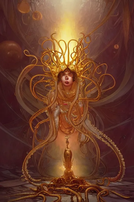 Image similar to Lady Gaga , a golden crown floating above his head, tentacles coming out the ground art by Artgerm and Greg Rutkowski and Alphonse Mucha and Craig Mullins and James Jean and Andrei Riabovitchev and Marc Simonetti and peter mohrbacher, sharp focus, ominous, cosmic horror, trending on artstation, Ultra detailed, hyper realistic 4k