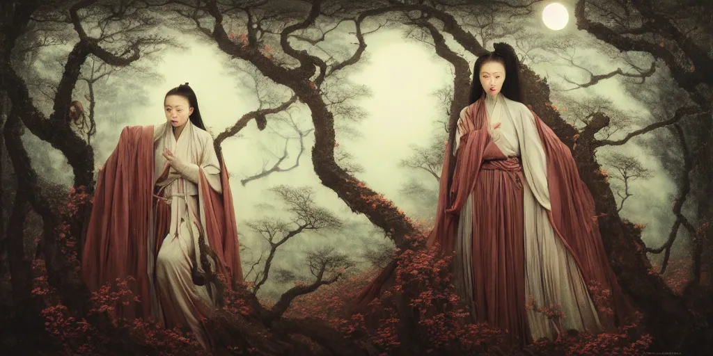 Prompt: wuxia, forest, moonlight, gemma chen, madison beer, angela sarafyan, pinup, intricate beautiful faces, surrealistic painting by agostino arrivabene, vanessa beecroft, anka zhuravleva, mary jane ansell, peter mohbacher, gerald brom